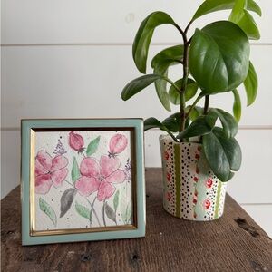 Floral Watercolor original 4x4 in teal frame